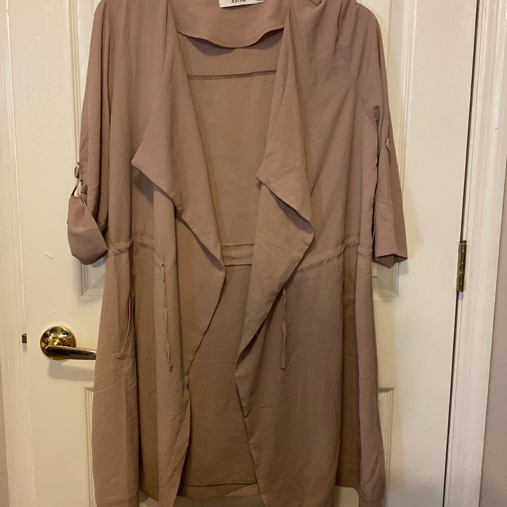Causal open front roll tab sleeve coat